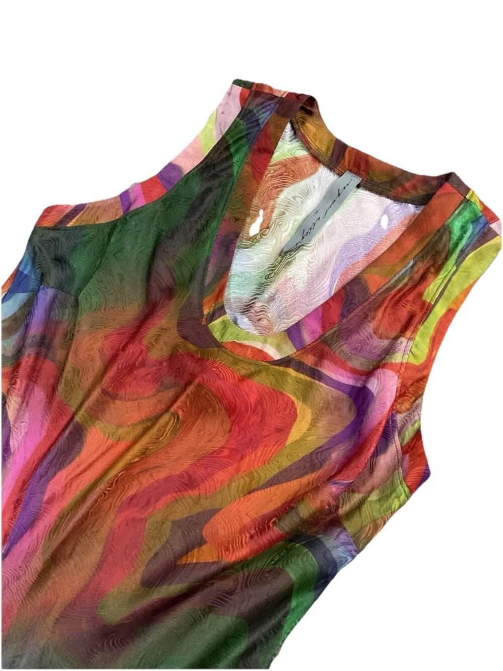 Raquel Allegra Dress Silk Rayon Print Kennedy Midi Multi Wave Size 00 Sleeveless - Picture 8 of 15